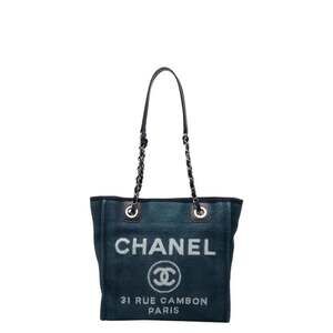 Chanel Deauville Chain Tote Bag Shoulder Navy Canvas Leather Women's CHANEL